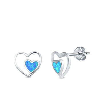 Double Hearts Stud Earrings Lab Created Blue Opal 925 Sterling Silver (9mm)